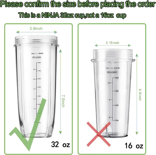 Vista 2 de Pieza de repuesto para licuadora Nutri Ninja, paquete de 2 vasos de repuesto de 32 onzas compatibles con licuadoras Nutri Ninja Auto-iQ Series