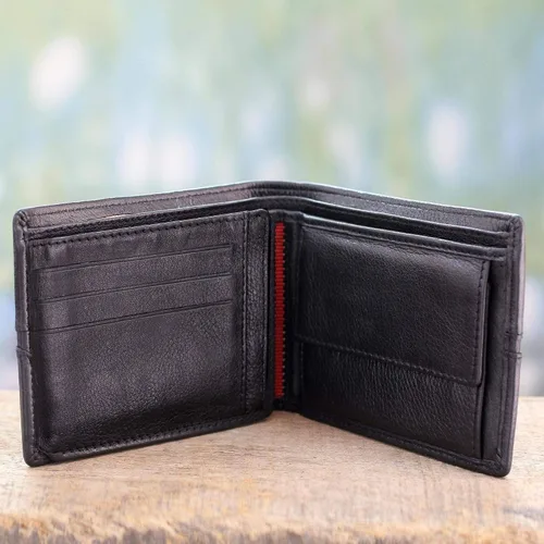Vista 3 de NOVICA Cartera de cuero negro hecha a mano para hombre suave en rojo Negro