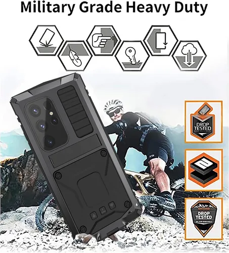 Vista 8 de Funda de metal para Samsung Galaxy S24 con protector de pantalla con función atril, funda para cámara S24, resistente armadura militar duradera