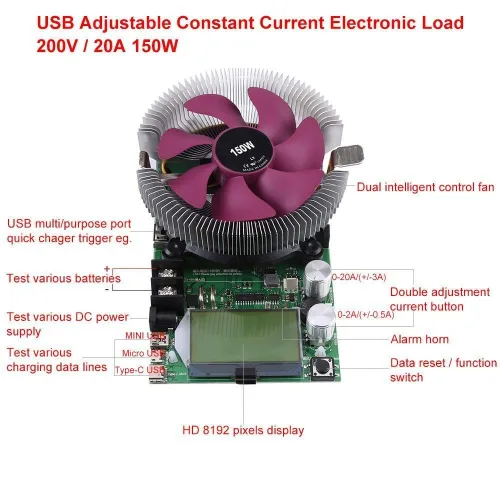 Vista 4 de Maxmartt Probador de batería USB ajustable de corriente constante de carga electrónica módulo de probador de capacidad de batería 150W 200V 20A