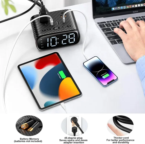 Vista 6 de Sussex Reloj despertador con 2 USB-C, 2 cargadores USB-A, 2 tomas de corriente, 2 tomacorrientes, pantalla LED, reloj digital regulable con función