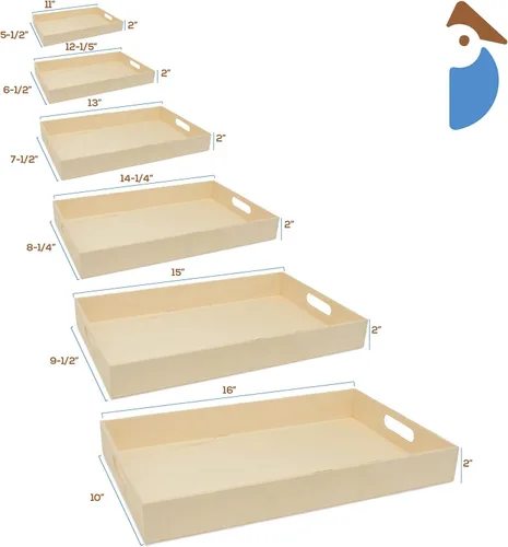 Vista 2 de Bandejas de madera sin terminar con asas, juego de 6, para manualidades, resina, organización, decoración de bricolaje y actividades Montessori, por