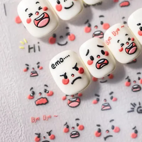 Vista 3 de Dedyel Calcomanías de uñas de sonrisa, lindas calcomanías de uñas de dibujos animados 5D en relieve de cara sonriente, calcomanías de uñas Kawaii