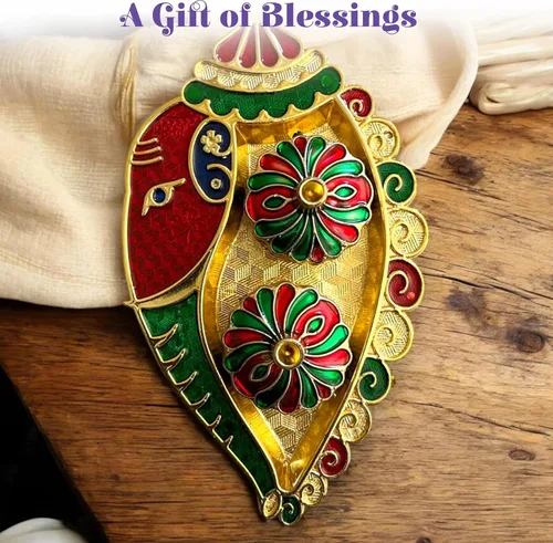 Vista 6 de LOVENSPIRE Ganesh Shankh Haldi Kumkum Holder Roli Chawal/soporte de arroz Festival indio Rakhi Pooja Thali Pooja Regreso Regalo de inauguración