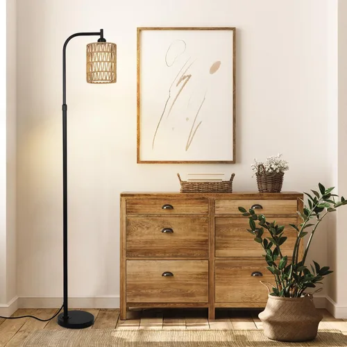 Vista 7 de LAMSU Lámpara de pie con control remoto, lámpara de pie de ratán regulable con bombilla LED, lámpara de poste alto industrial negra con pantallas