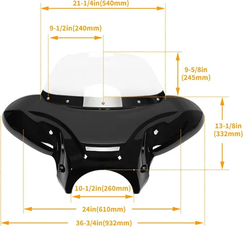 Vista 2 de Carenado universal, alas de murciélago, con parabrisas polarizado, para motocicleta grande Cruiser. Parabrisas de 37 pulgadas de ancho x 24