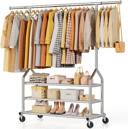 Vista 15 de EAGMAK Perchero de ropa resistente con capacidad de carga de 192 kg, perchero enrollable con estantes, colgador de ropa ajustable de metal
