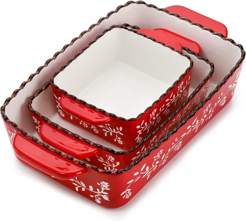 Vista 8 de AVLA Juego de 3 utensilios de cerámica para hornear, de porcelana, rectangulares, para lasaña, para cocinar, cazuelas, pasteles, cena, 12 x 8.5 x 6