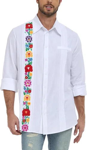 Vista 3 de YZXDORWJ Camisas mexicanas para hombre, camisa de guayabera cubana, casual, manga larga, bordada, de lino, para verano, playa