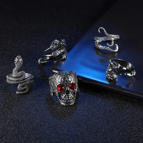 Vista 6 de Jstyle Juego de 15 anillos punk vintage para hombres y mujeres, anillo de serpiente, dragón abierto, anillo apilable para nudillos, anillos bohemios