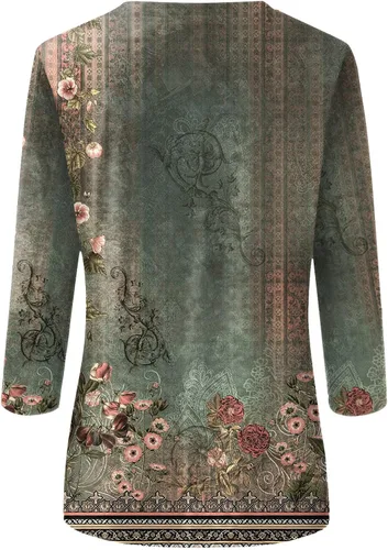 Vista 5 de Camisetas de verano para mujer, manga 34, diseño étnico, floral, ajustadas, cuello redondo, ajustadas, media manga, blusa de primavera