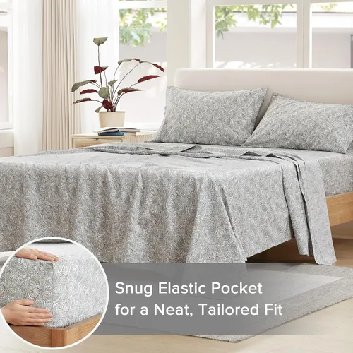 Vista 19 de Comfort Spaces Sábanas 100% algodón tamaño King, transpirables y ultra suaves, sábanas de algodón naturalmente fresco con bolsillo elástico de 14