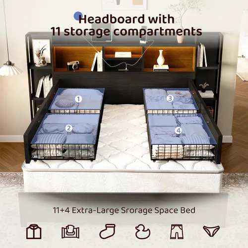 Vista 3 de BRELTAM Base de cama tamaño Queen con 4 cajones de almacenamiento y cabecero con almacenamiento de estantes, marco de cama de plataforma de madera