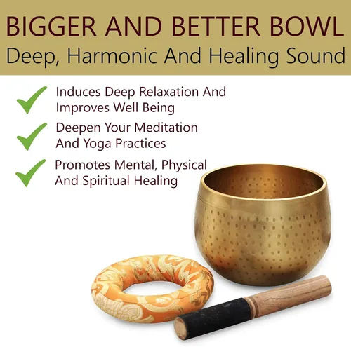 Vista 4 de DharmaObjects - Juego de cojín, mazo y cuenco tibetano cantor de meditación con anillo gong (Jumbo)