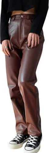Vista 5 de Pantalones de piel sintética de cintura alta para mujer, pantalones de piel sintética con bolsillos, ropa de calle punk