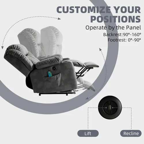 Vista 6 de Silla reclinable eléctrica para personas mayores, sillas reclinables eléctricas para adultos con masaje y calor, portavasos, control remoto, puertos
