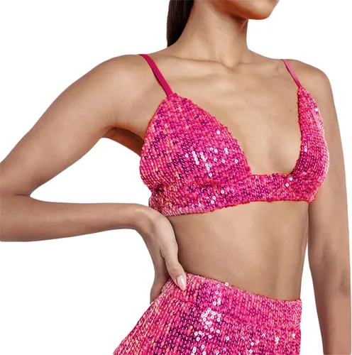 Vista 2 de Conjunto de ropa con purpurina para mujer con lentejuelas de manga larga con botones brasier y pantalones para fiesta club noche