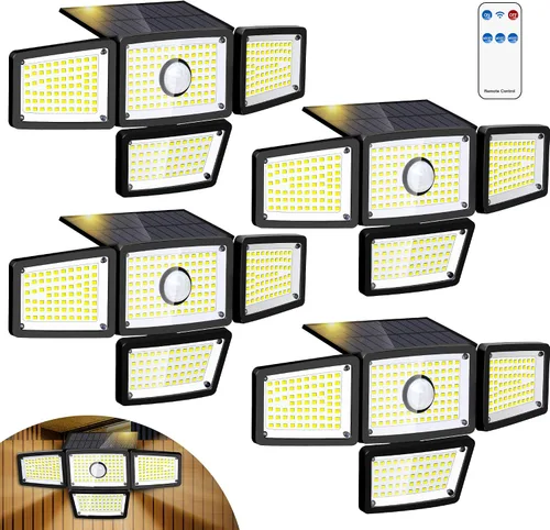 Vista 9 de Lámpara Solar con Sensor de 4 Cabezales, Luces Exteriores con Sensor de Movimiento 3000LM, 283 LED, 6500 K, Sensor de Movimiento, IP65 Impermeable