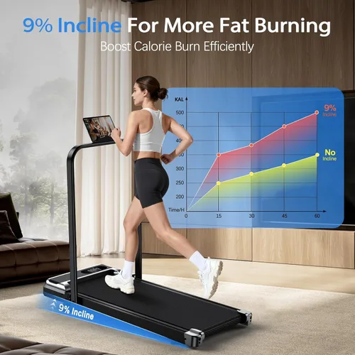 Vista 2 de Caminadora para el hogar - 3.0HP Tread Mills con 9% de inclinación, almohadilla compacta para correr, plegable, para espacios pequeños, debajo