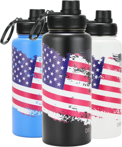 Vista 11 de DRINCO Botella de agua de acero inoxidable con tapa de boquilla, aislada al vacío, botella de agua de doble pared, bandera de Estados Unidos 30oz US