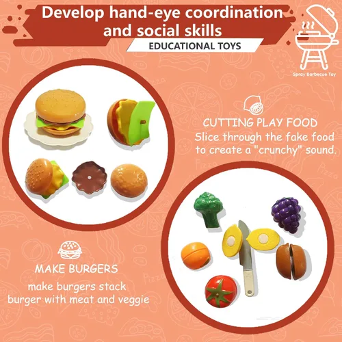 Vista 4 de Juegos de Cocina de Juguete para Niños Pequeños de 3-5 Años, Juego Interactivo de Parrilla BBQ para Interiores y Exteriores con Humo, Sonido y Luz