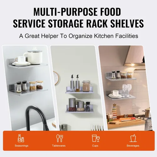 Vista 8 de VEVOR Estante de pared de acero inoxidable, 8.6 x 16 pulgadas, paquete de 2 con protector contra salpicaduras, soporta 44 libras, ideal para cocina