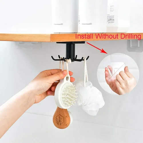 Vista 2 de BAIEUEJO 2 ganchos de 360 rotaciones para debajo del gabinete, ganchos de cocina adhesivos sin clavos para utensilios/herramientas/toalla/cuchillo
