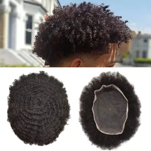 Vista 15 de Afro - Toupee - Toupee para hombre, encaje suizo, rizado, para hombres negros, hombres afroamericanos, todos los encajes, sistemas de reemplazo