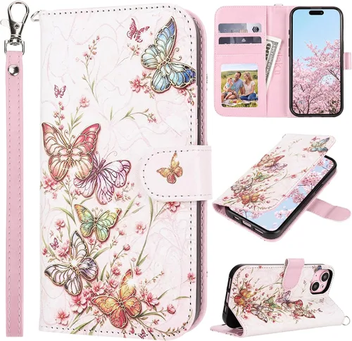 Vista 53 de ULAK Funda tipo billetera compatible con iPhone 15 para mujeres, funda tipo cartera con estampado floral de piel PU premium con porta tarjetas Negro