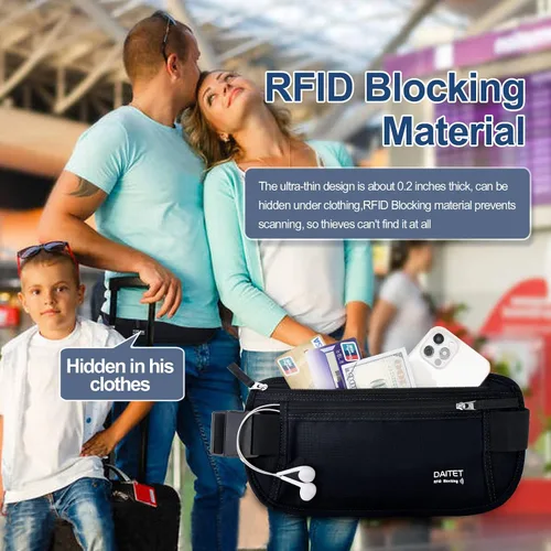 Vista 104 de DAITET Cinturón de dinero, soporte para pasaporte, cartera de viaje oculta segura con bloqueo RFID, riñonera encubierta (negro), Negro, Rfid