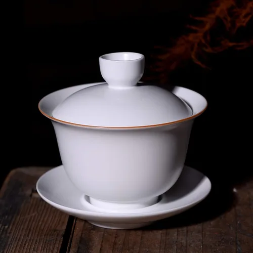 Vista 3 de Liang baobao Gaiwan - Taza de té de porcelana de 8 onzas, color blanco esmaltado con borde dorado, sopera china de gongfu, taza de té de gongfu