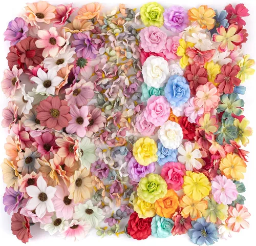Vista 13 de Framendino, Paquete de 50 cabezas de flores artificiales, mini flores artificiales de seda, margaritas pequeñas, multicolor, para boda, hogar