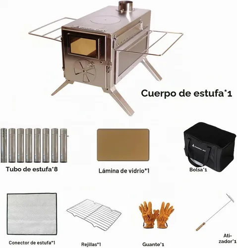 Vista 2 de Estufa de leña portátil Dandelion shell para acampar con vidrio de visualización y función de cocción, 8 chimeneas de acero inoxidable para refugio