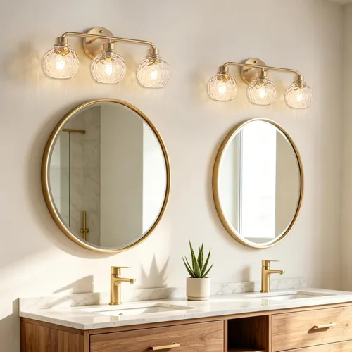 Vista 6 de Lámparas de baño doradas para tocador, 3 luces, apliques de pared, luces de latón cepillado con pantalla de vidrio martillado, lámpara de pared
