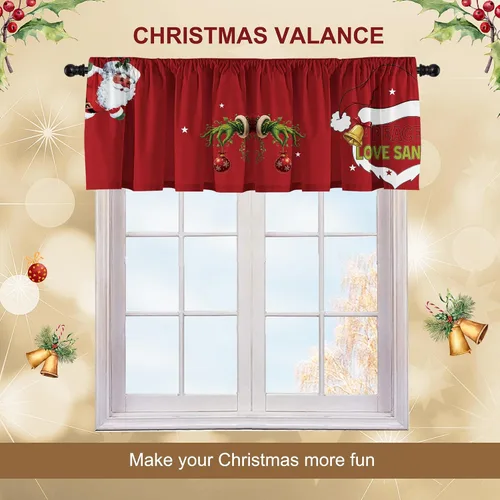 Vista 3 de Cenefas de cortina de cocina de Navidad, Navidad, invierno, cenefas pequeñas con bolsillo para barra, decoración de cortinas cortas de Navidad