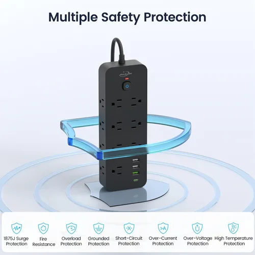 Vista 7 de Regleta de protección contra sobretensiones con puertos USB, 14 salidas de CA con 4 puertos USB (1 USB C), cable de 5 pies con múltiples tomas, 1875