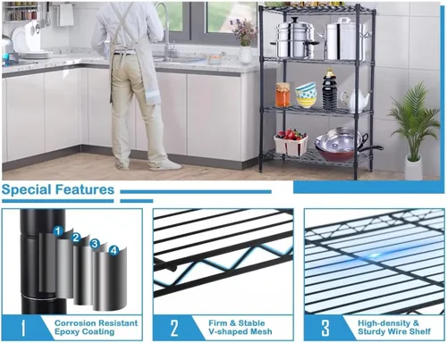 Vista 5 de Estantes de almacenamiento de 4 niveles, organizador de estantes de alambre, altura ajustable, estantes de metal resistentes certificados por NSF