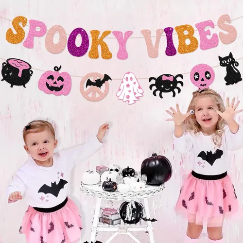 Vista 4 de Pancarta de Halloween espeluznante decoración espeluznante hippie guirnalda de Halloween groovy retro fantasma murciélagos araña, gatos, calavera