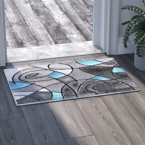Vista 4 de EMMA + OLIVER Alfombra decorativa de olefina de felpa, patrón geométrico abstracto, tonos grises degradados con detalles azules vibrantes, 2 x 3