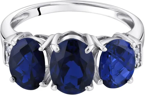 Vista 2 de Peora Anillo trino de tres piedras de oro blanco macizo de 14 quilates y piedras preciosas auténticas o creadas para mujer, tallas 5 a 9, Metal