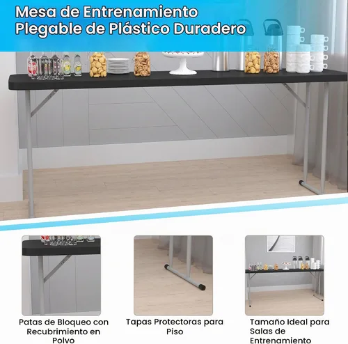 Vista 4 de EMMA + OLIVER Mesa plegable rectangular de plástico de 6 pies, mesa plegable de plástico larga para eventos residenciales en interiores y Negro