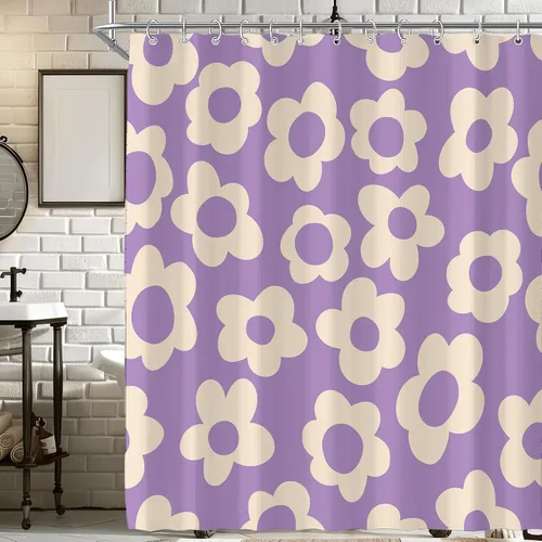 Vista 35 de Cortina de ducha pequeña para casa rodante, tamaño medio, estilo retro de los 70, con flores bonitas, estética abstracta de margaritas, decorativa