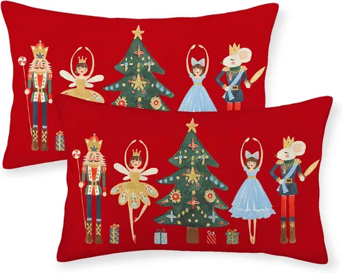 Vista 9 de Juego de 2 fundas de almohada navideñas de 16 x 16 pulgadas, fundas de almohada de lino color rojo con diseño de alces y ciervos de invierno