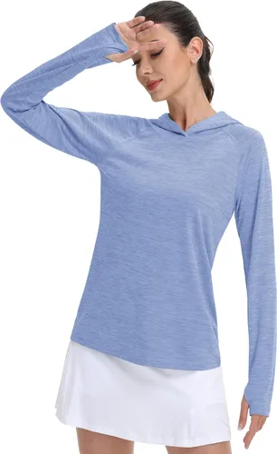 Vista 4 de MAGCOMSEN Camiseta de manga larga con protección solar UPF 50+ para mujer, de secado rápido, ligera, para senderismo y atletismo