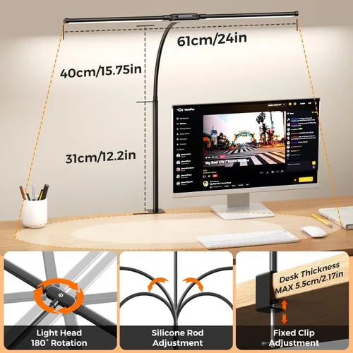 Vista 2 de SKYLEO Lámpara LED de escritorio con abrazadera, luz de escritorio de doble cabezal con control remoto y táctil, protección ocular, 12 W, 5 modos