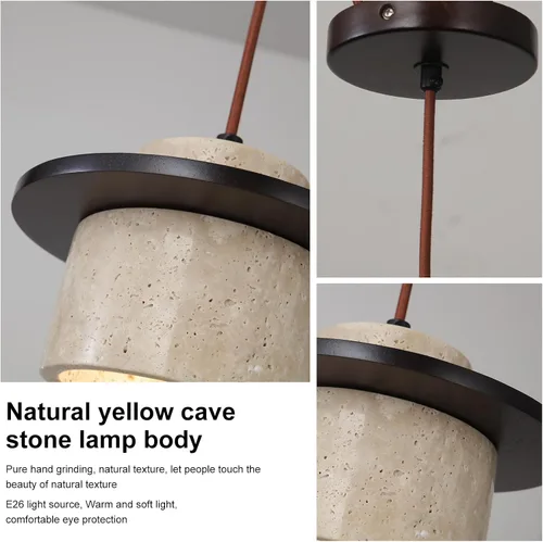 Vista 6 de Lámpara colgante japonesa Wabi Sabi de piedra natural, lámpara colgante de travertino amarillo nórdico para isla de cocina, candelabro de madera