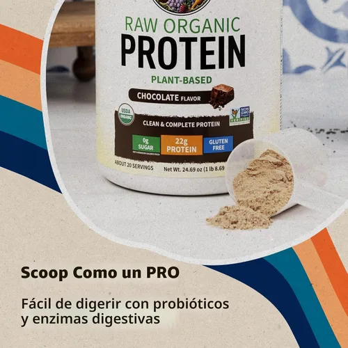 Vista 7 de Polvo de proteína vegana orgánico con vitaminas y probióticos; batido de proteínas puro, sin azúcar, chocolate, bandeja de 10 porciones