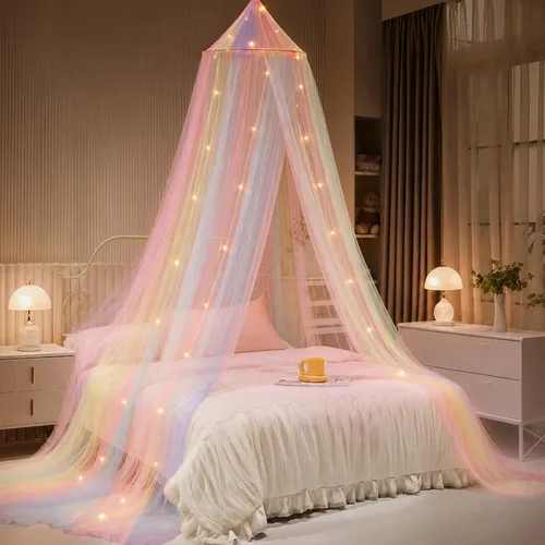 Vista 11 de Dosel de Cama con Luces, Dosel de Cama para Niñas Princesa con Estrellas Luminosas, Cortinas de Cama con Dosel para Camas de Individual a King