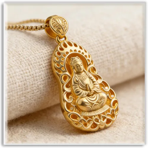 Vista 5 de Xusamss Collar de Buda Guan Yin chapado en oro de 18 quilates, 24 pulgadas