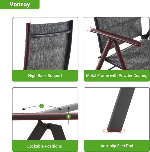 Vista 6 de Juego de 2 sillas plegables para patio, sillas de patio al aire libre con asiento acolchado de algodón de textileno suave y respaldo ajustable de 7